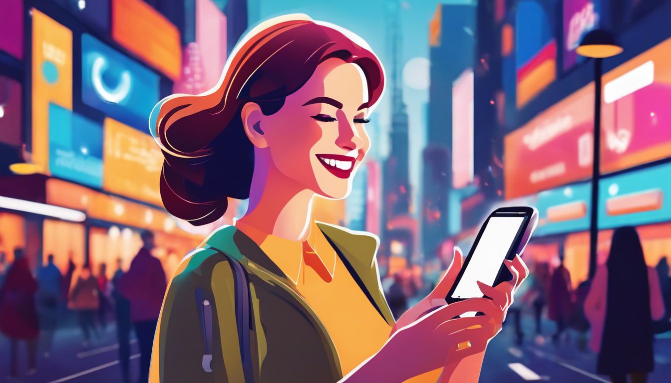 A woman holding a smartphone in a vibrant urban city setting. A woman holding a smartphone in a vibrant urban city setting.