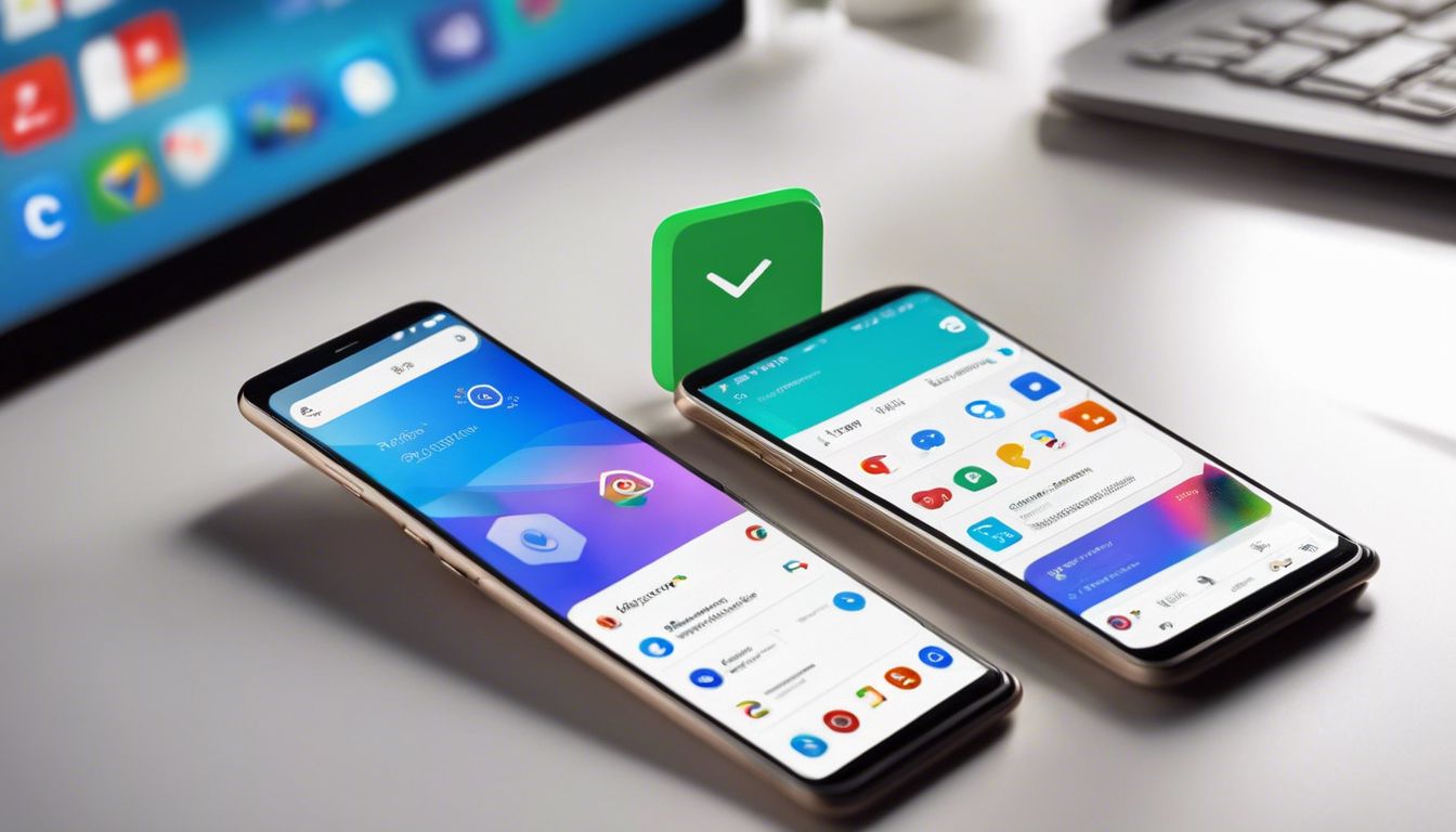 A modern desk with a smartphone displaying Google app icons. A modern desk with a smartphone displaying Google app icons.