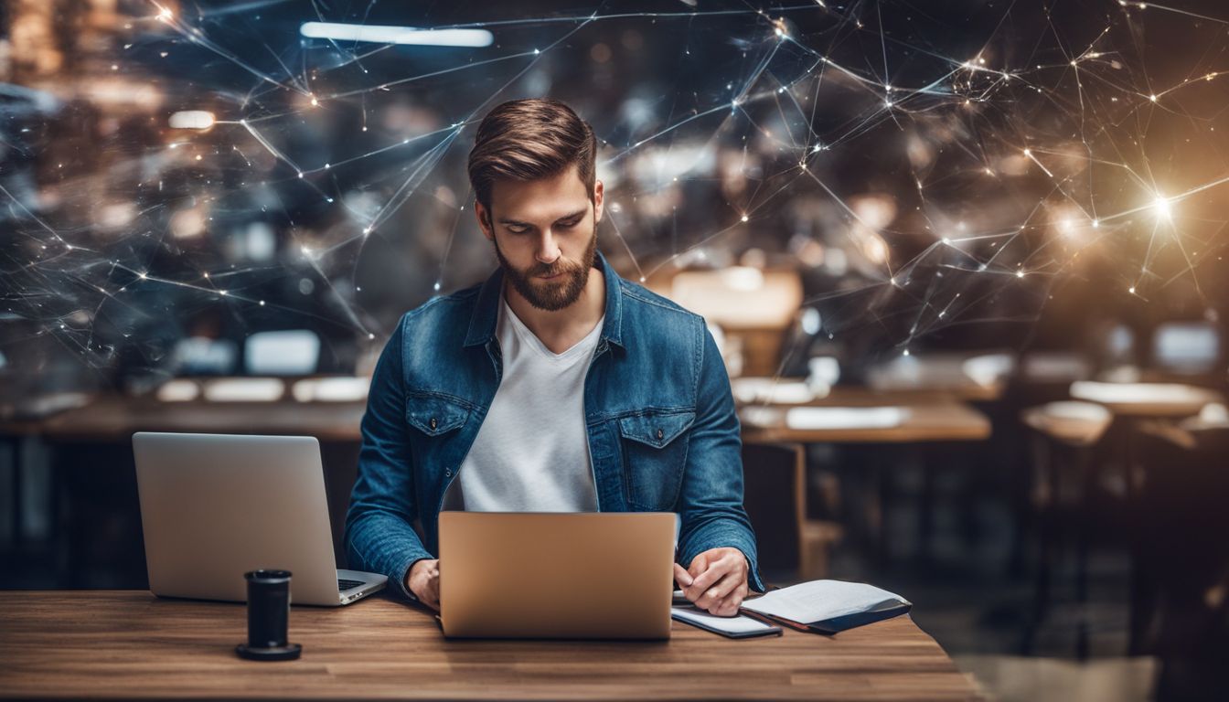 A person working on a laptop surrounded by various data sources and cityscape photography. A person working on a laptop surrounded by various data sources and cityscape photography.
