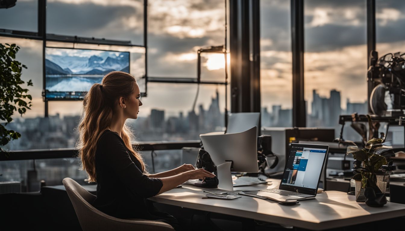 A person working on a computer in a bustling office. A person working on a computer in a bustling office.