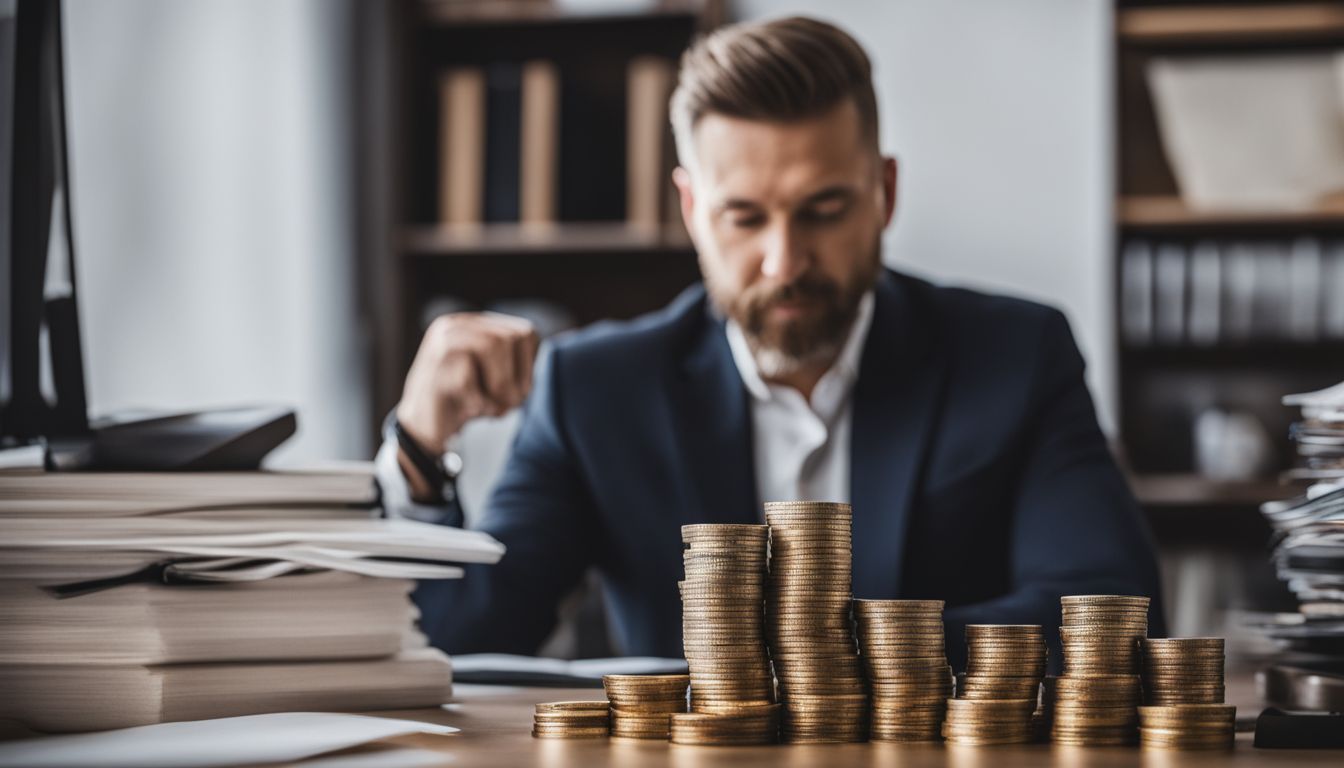 A stack of coins surrounded by budget planning charts in an office setting.
