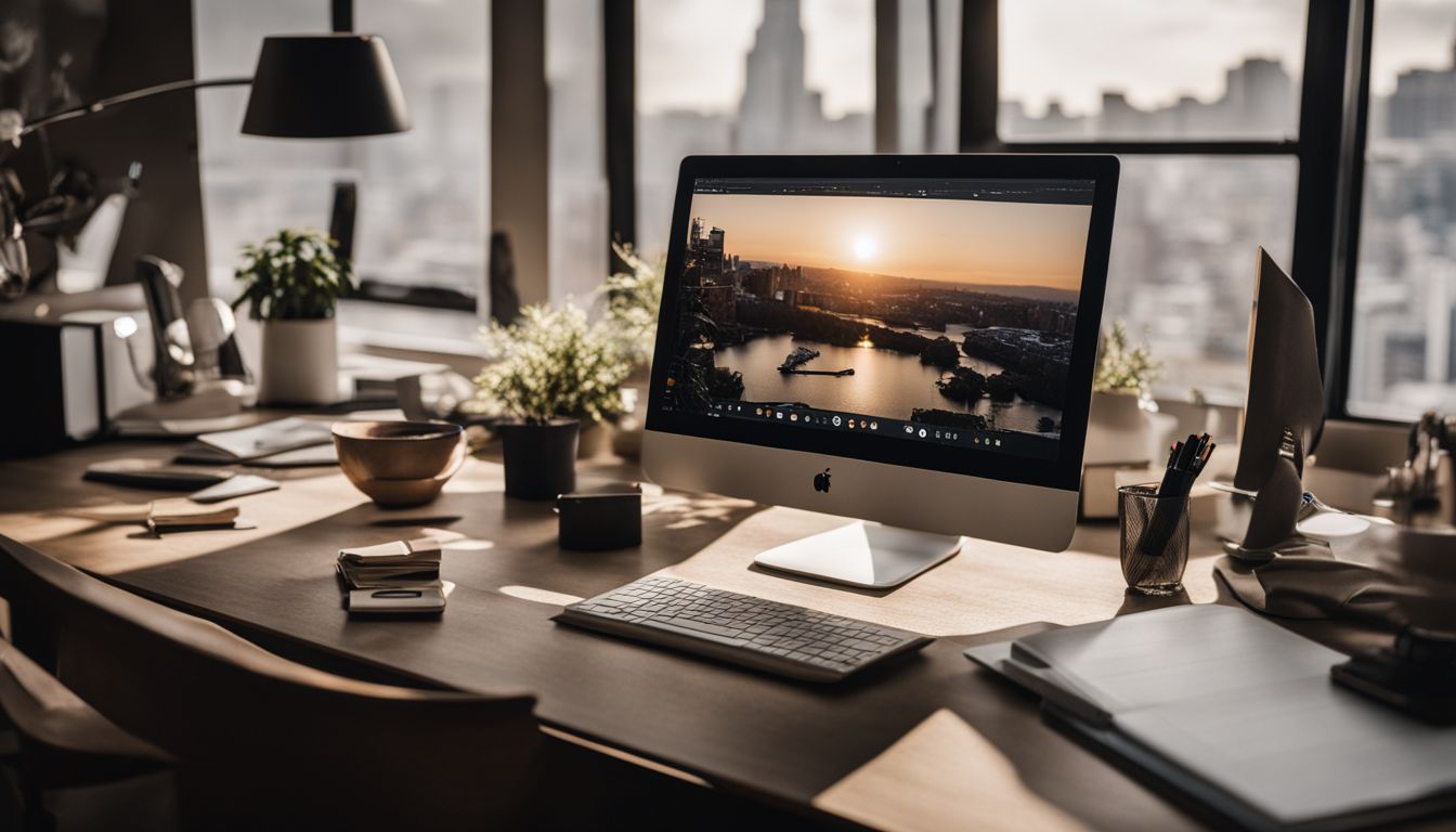 An organized office desk with a laptop displaying various Google Ad Campaigns.