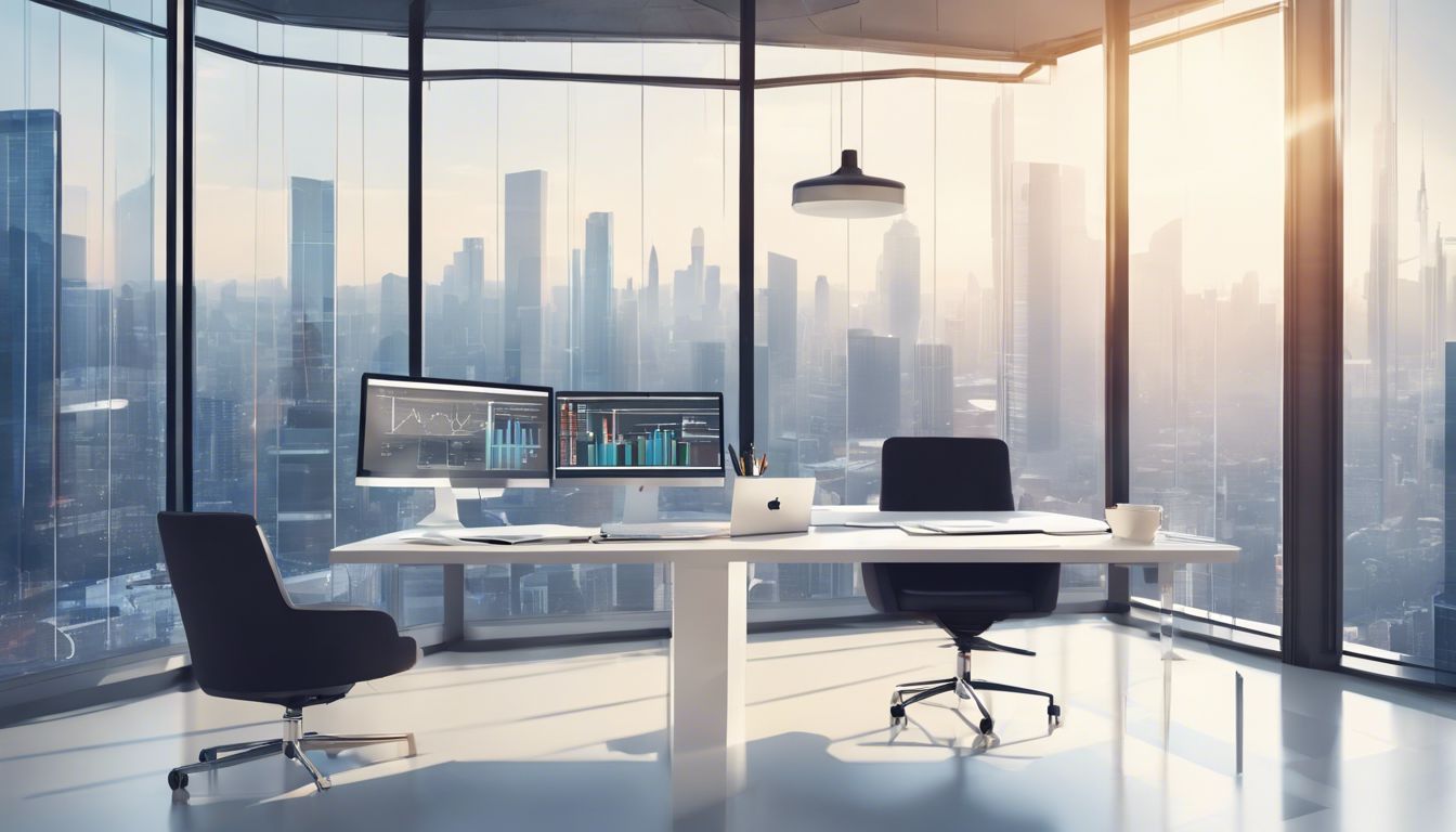 Flat design office setting with modern charts and graphs overlooking cityscape. Flat design office setting with modern charts and graphs overlooking cityscape.