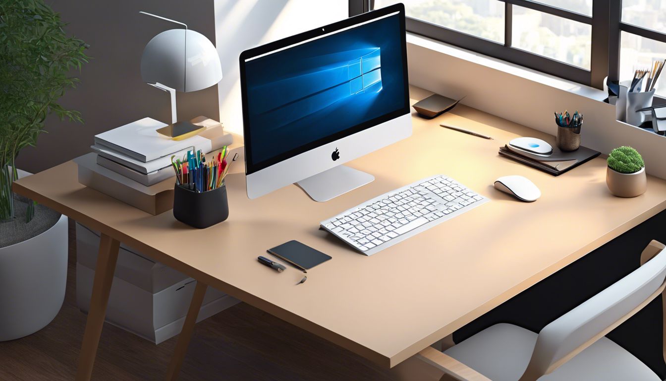 Modern computer desk with sleek monitor and organized office supplies. Modern computer desk with sleek monitor and organized office supplies.