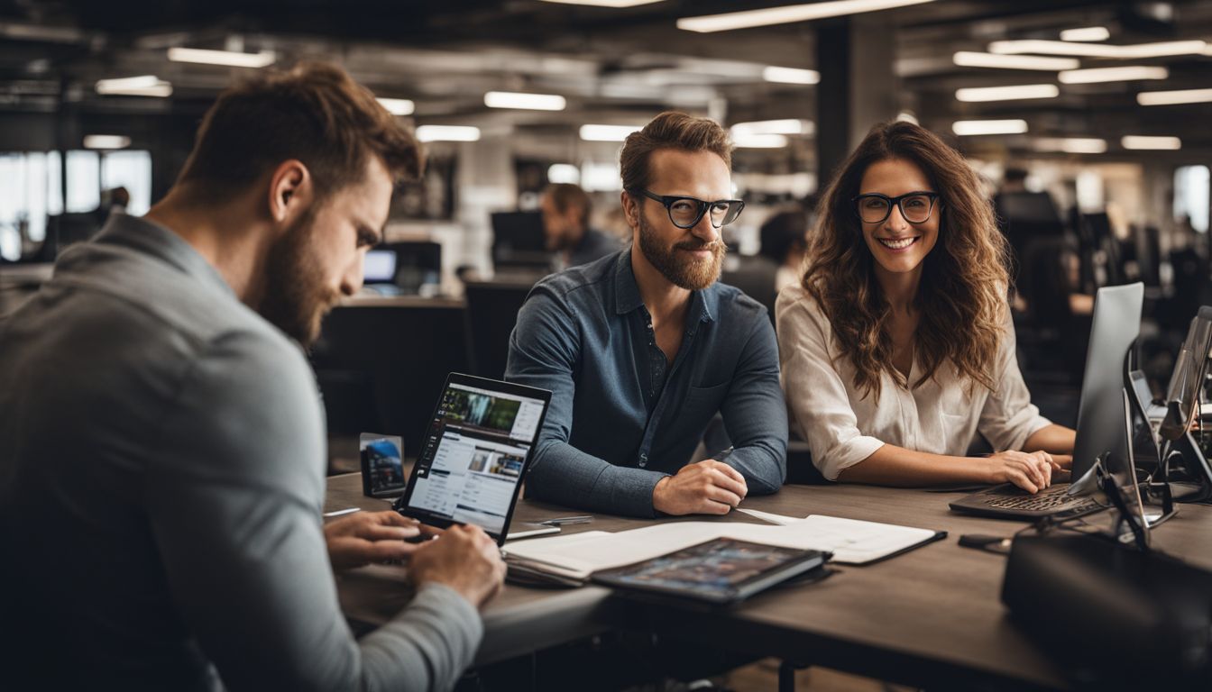 A diverse team of digital marketers analyzing website data in a modern office.