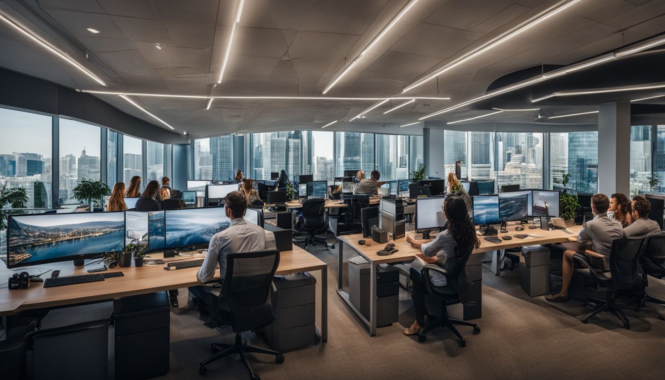 A diverse group of people analyzing data on a computer in a modern office. A diverse group of people analyzing data on a computer in a modern office.