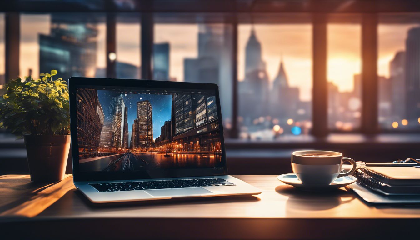 Flat design laptop with multiple tabs, cityscape photography, cozy desk setting. Flat design laptop with multiple tabs, cityscape photography, cozy desk setting.
