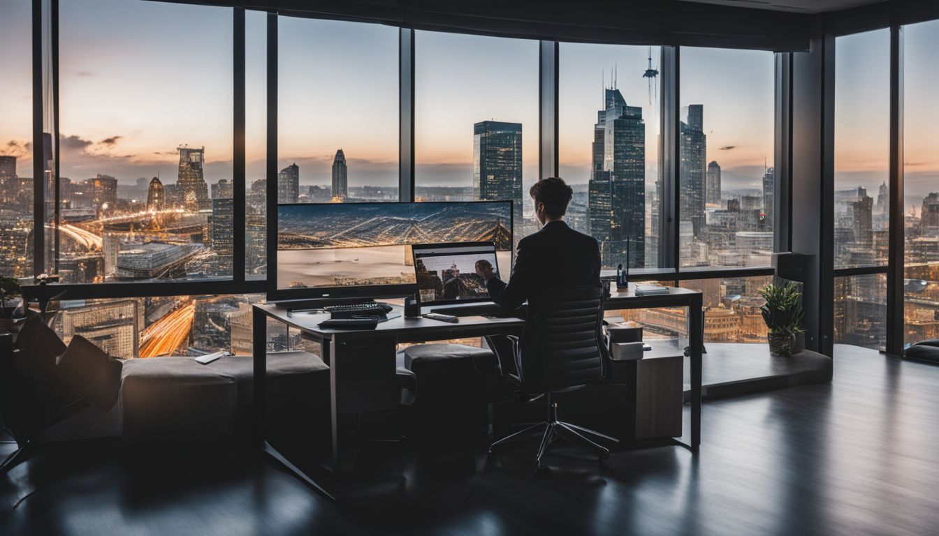 A person analyzing digital marketing data in a modern office setting.