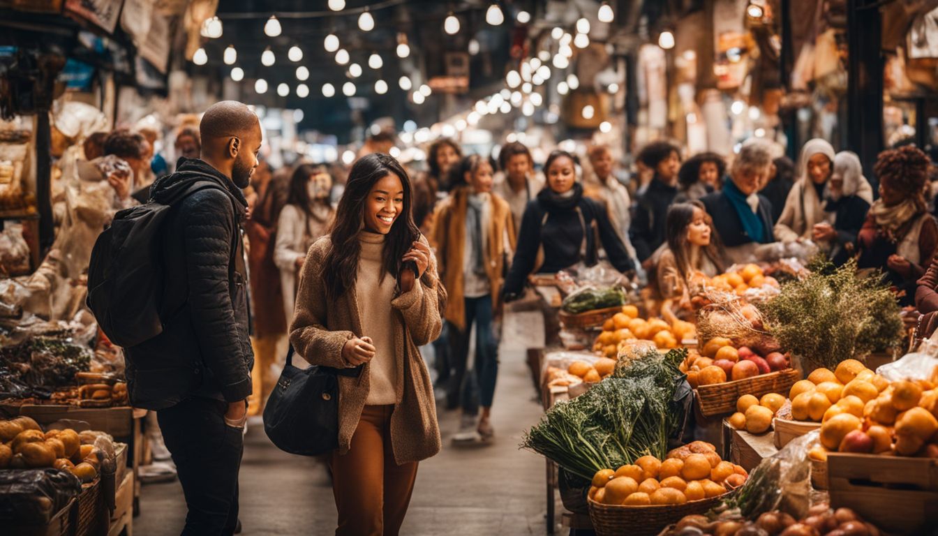 A diverse group shopping together in a bustling marketplace. A diverse group shopping together in a bustling marketplace.
