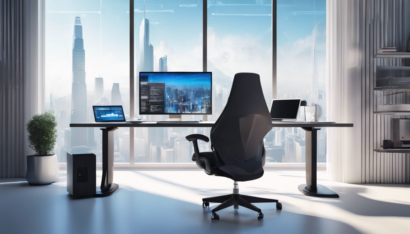 A modern workspace with high-tech computer setup and cityscape photography. A modern workspace with high-tech computer setup and cityscape photography.