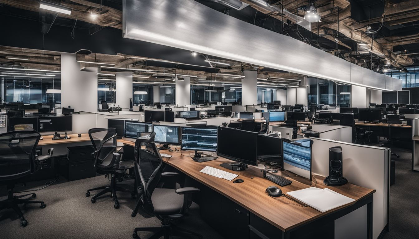 Interconnected network of wires and data sources in a modern office. Interconnected network of wires and data sources in a modern office.