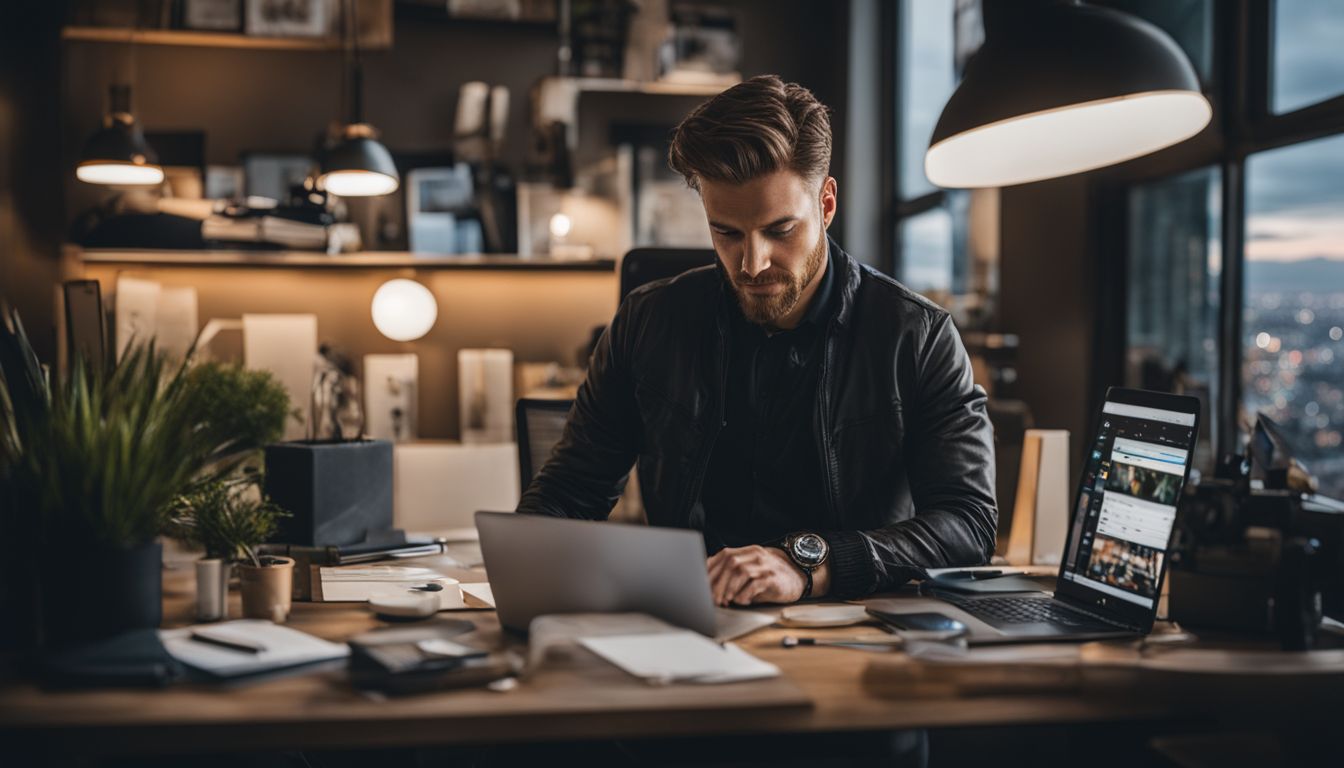 A person working on a laptop in a modern office surrounded by digital marketing tools and cityscape photography. A person working on a laptop in a modern office surrounded by digital marketing tools and cityscape photography.
